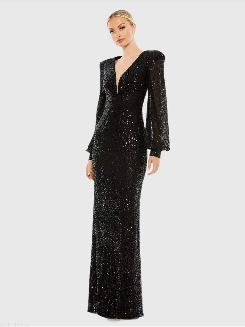 MAC DUGGAL
Sequined Plunge Neck Structured Bishop Sleeve Gown